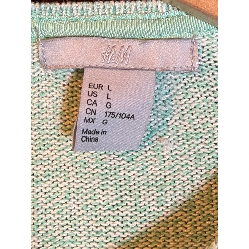 H&M Women's Green White Textured Knit Sweater‎ Top 3/4 Sleeve Zip Back Size L